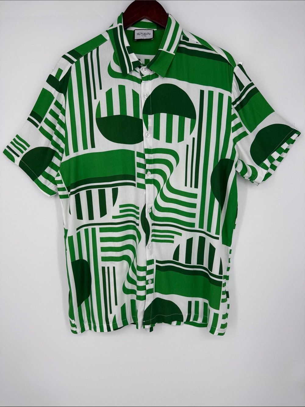 Runaway The Label Akio Green Geo Resort Shirt L Abstract Block